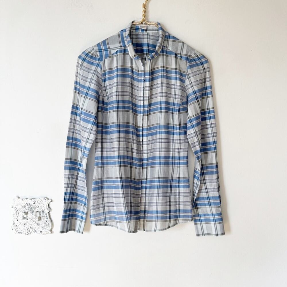 Reiss Blue Plaid Silk Cotton Puff Sleeve Hook and Eye Shirt 4